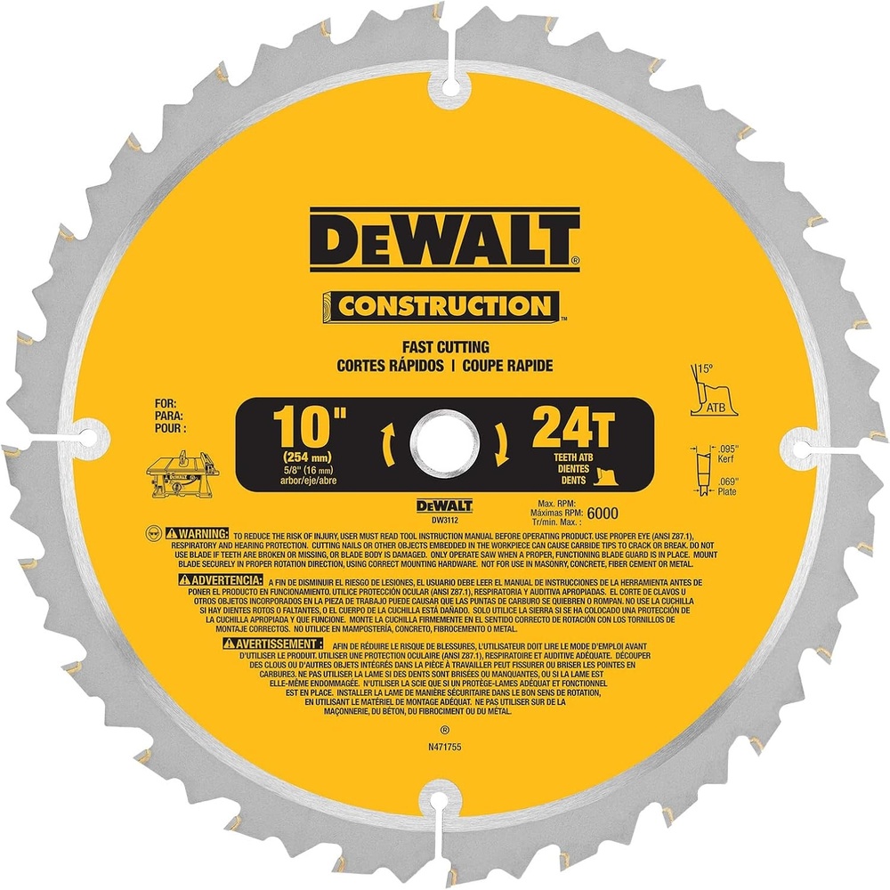 imageDEWALT 10Inch Miter Table Saw Blade ATB Thin Kerf Crosscutting 58Inch Arbor 60Tooth DW310624Tooth