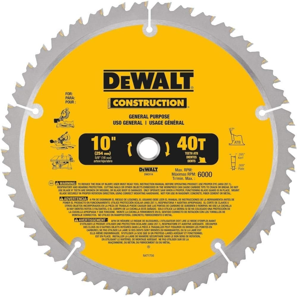 imageDEWALT 10Inch Miter Table Saw Blade ATB Thin Kerf Crosscutting 58Inch Arbor 60Tooth DW310640Tooth