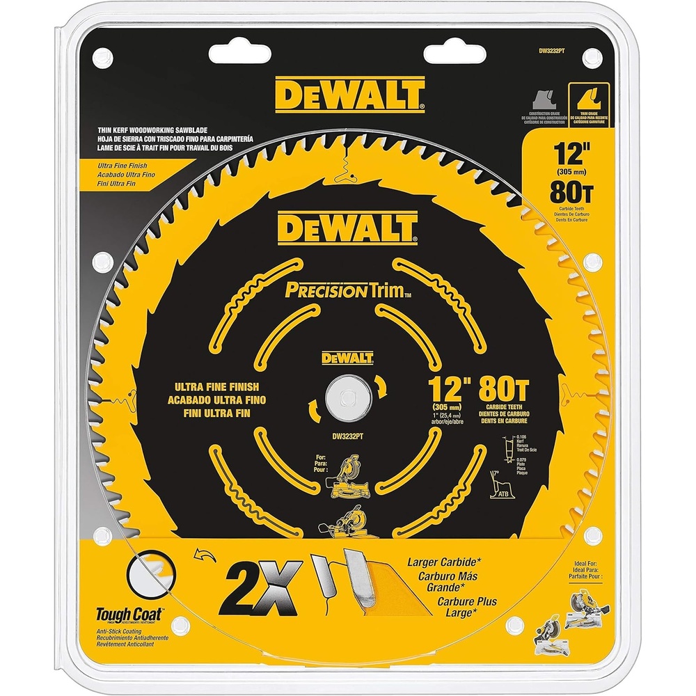 imageDEWALT 12Inch Miter Saw Blade Precision Trim ATB Crosscutting 1Inch Arbor Tough Coat Finish 80Tooth DW3232PT